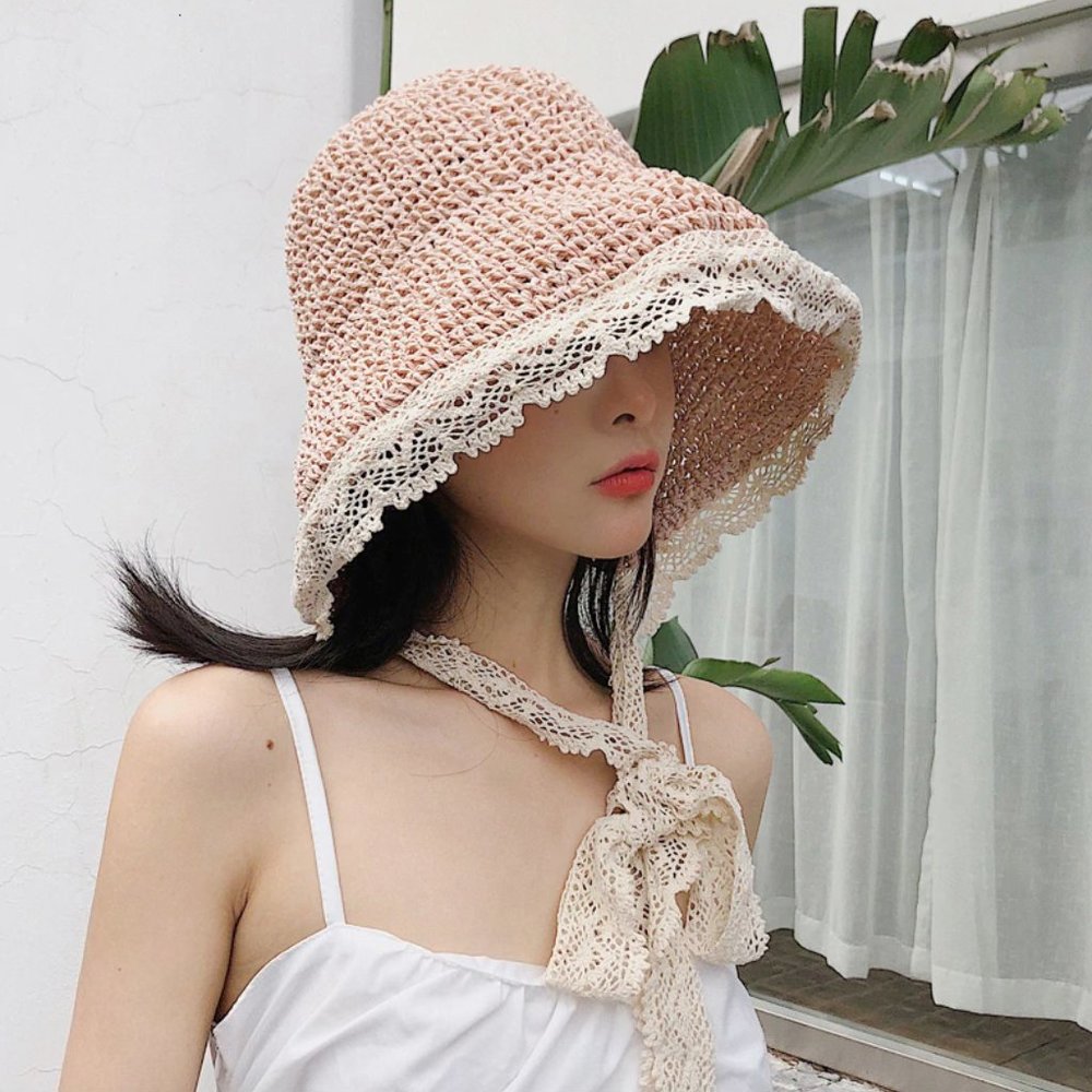 Straw Hat With Lace Tie Pink